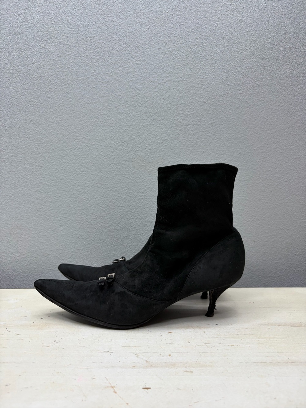 Prada Black Suede Stretch Pointed Ankle Heeled Booties Size 39.5